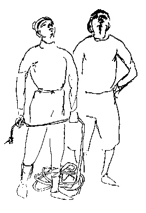 Line drawing of 2 climbers by Hal Yates.  © Yorkshire Ramblers' Club