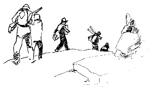 Line drawing of walkers by Hal Yates.  © Yorkshire Ramblers' Club