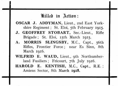 Killed in Action:                  Oscar J. Addyman, Lieut., 2nd East Yorkshire Regiment; St. Eloi, 5th February 1915.                  J. Geoffrey Stobart, Sec.-Lieut., Rifle 7 Brigade; St. Eloi, 15th March 1915.                  A. Morris Slingsby, M.C., Capt., 56th Rifles, Frontier Force; near Es Sinn, 8th March 1916.                 Wilfrid E. Waud, Lieut., 9th Northumberland Fusiliers; Fricourt, 7th July 1916.                 Harold E. Kentish, M.C., Capt., R.E.; Amiens Sector, 8th March 1918.                  © Yorkshire Ramblers' Club