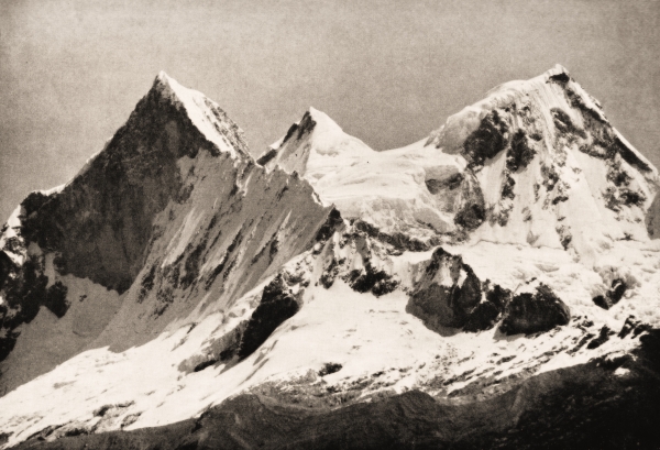 The Three Peaks of Huandoy from the East by A. Gregory.  © Alpine Club